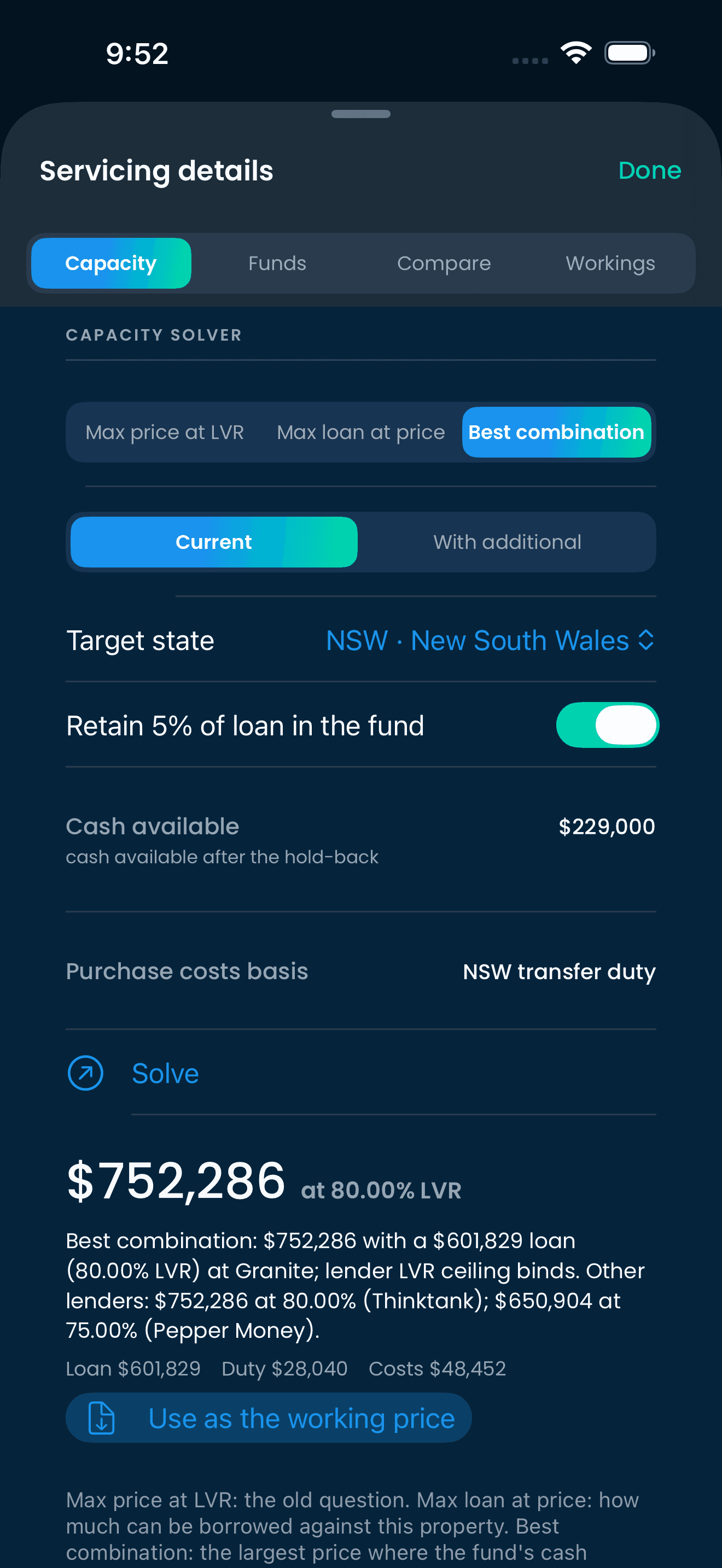 Sample borrowing-capacity solver working out an example SMSF's maximum purchase price, loan, duty and costs at a target LVR.